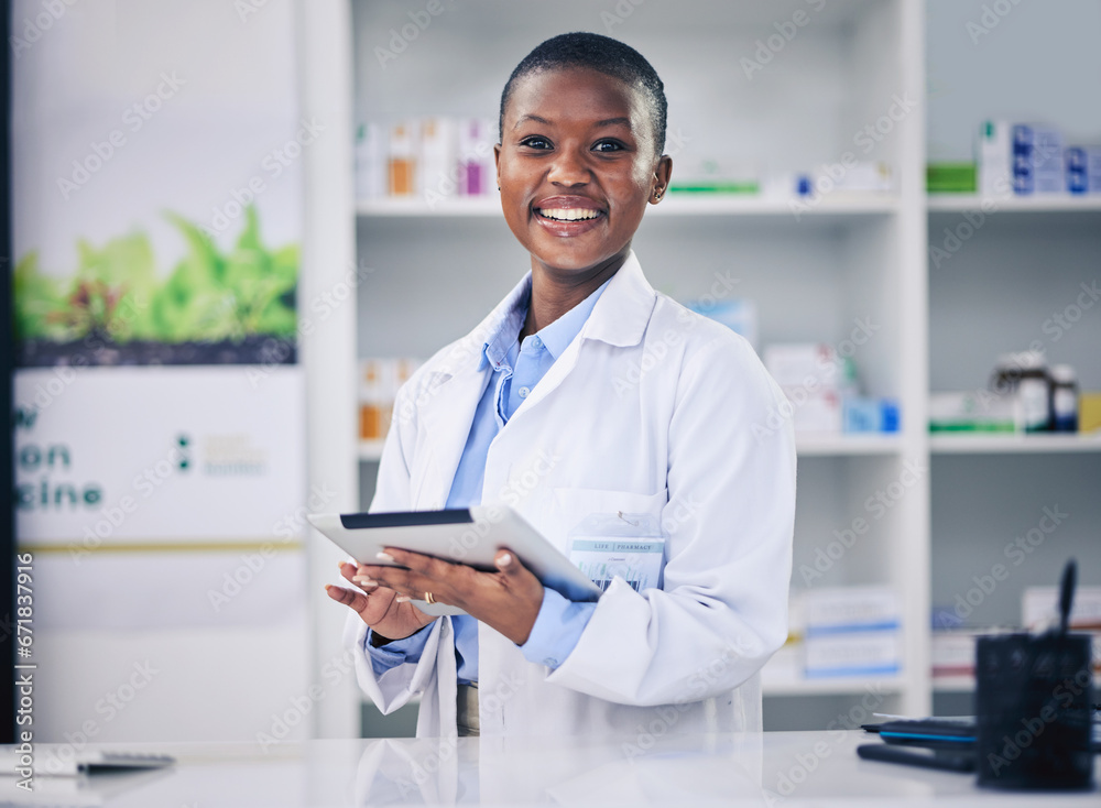 Pharmacy, tablet and black woman with checklist at counter for medicine, information and advice on drugs. Digital list, pharmacist or medical professional with online inventory for telehealth in shop