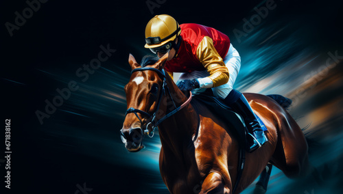 a jockey is riding his horse on a dark night © Chris