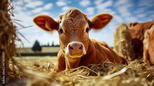 Red Cattle, lying on hay at spring field. Orange breed cow for meat and milk. Farming,