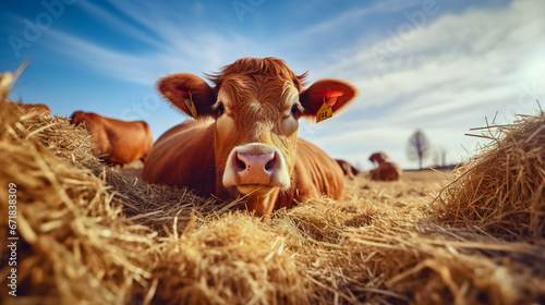 Red Cattle, lying on hay at spring field. Orange breed cow for meat and milk. Farming, photo