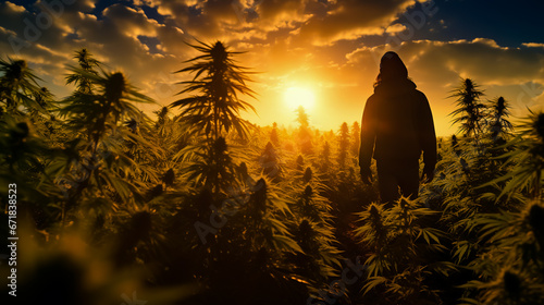 Silhouette of a man on a cannabis plantation in sunlight.