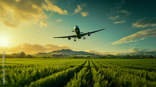 Silhouette of an airplane flying over green fields. photo