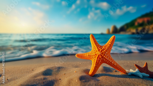 Small figure of starfish in the sand on the background of beach and sea.