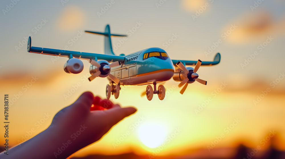 Toy airplane in hand against sky - a symbol of travel. Toy airplane in hand against sky - a symbol of travel.