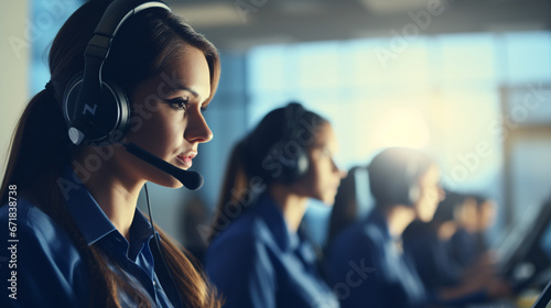 Portrait of young businesswoman wearing headset while working in call center