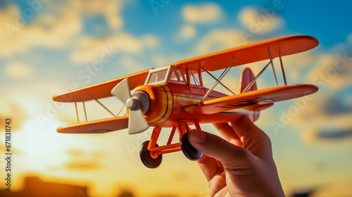 Toy airplane in hand against sky - a symbol of travel.