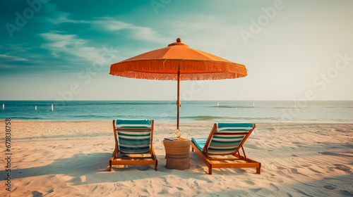 Two lounge chairs and a sunshade umbrella on the beach.