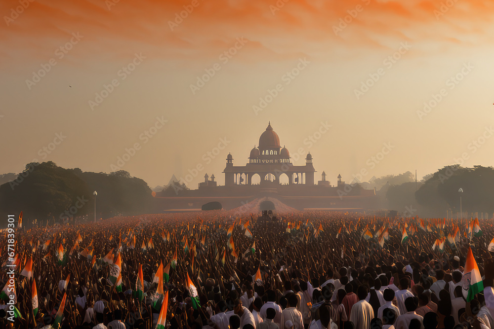 People crowd on the square Indian flag republic day - obrazy, fototapety, plakaty 