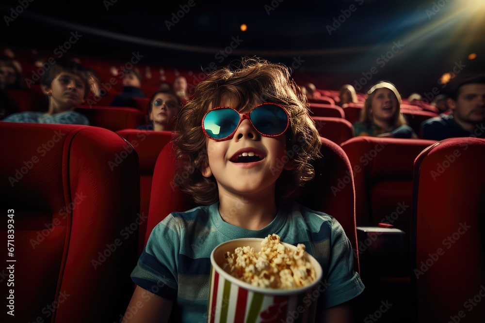 A boy at the cinema eating popcorn