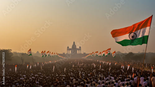 People crowd on the square Indian flag republic day photo