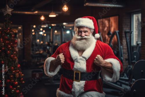 Fitness Santa in a gym, promoting health and festive positivity © zakiroff