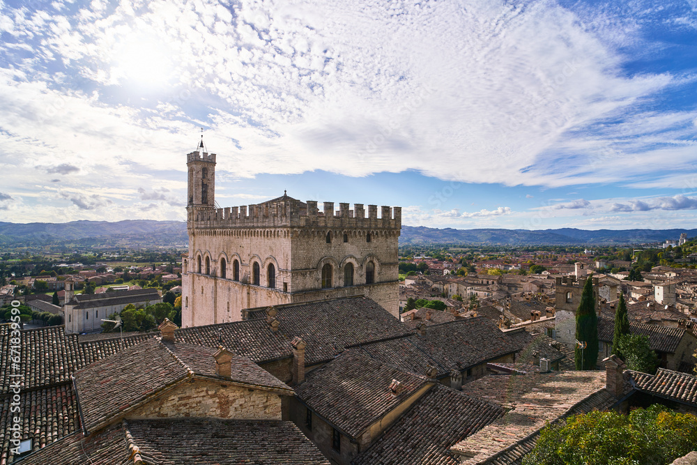 The medieval town of Gubbio with a view on the gothic building Palazzo dei Consoli, Umbria, Italy