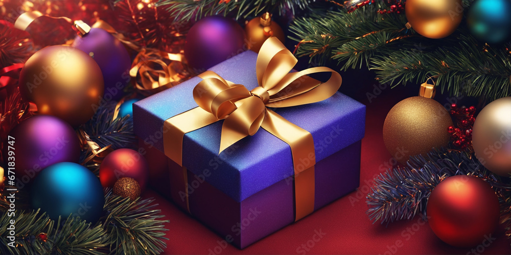 Christmas illustration with big blue gift box with golden ribbons and bow, Christmas tree branches, colored balls and other decorations. Generative AI