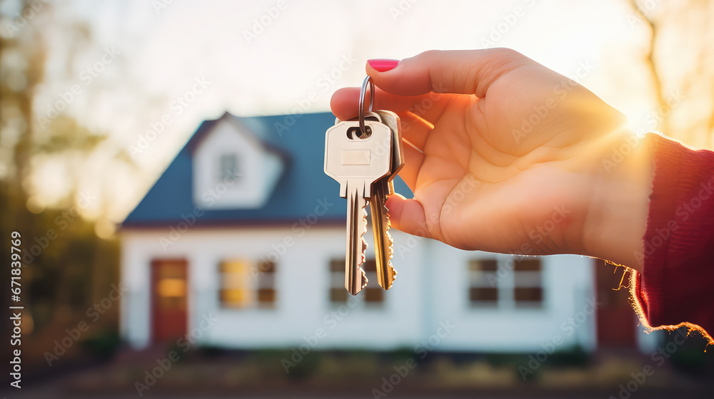 Human hand holds the key from new house with house background. Moving to new house Human hand holds the key from new house with house background. Moving to new house