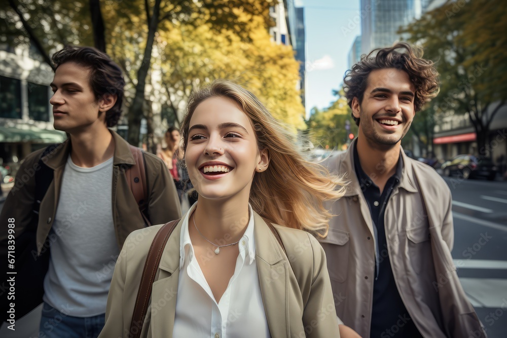 A group of joyful millennials walking together on city street