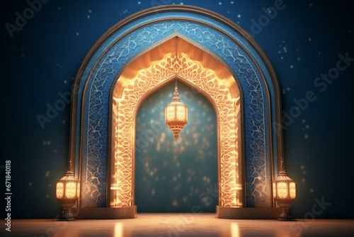 Authentic lit Persian lamp on Islamic archway. Islamic spirituality. Rendered in 3D. Generative AI