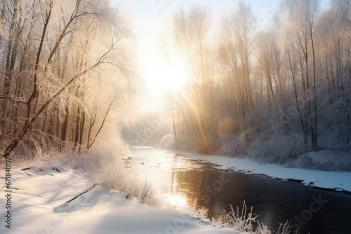 Winter landscape with river, snowy forest, and bright sunlight. Generative AI © Giselle