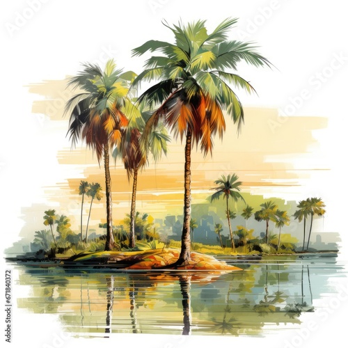 Beautiful poster drawn in watercolor style  Summer landscape  desert island  palm trees  sea  sand  rest  relaxation