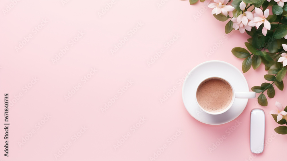 top view of workspace with computer and cup of coffee on pastel pink background. top view of workspace with computer and cup of coffee on pastel pink background.