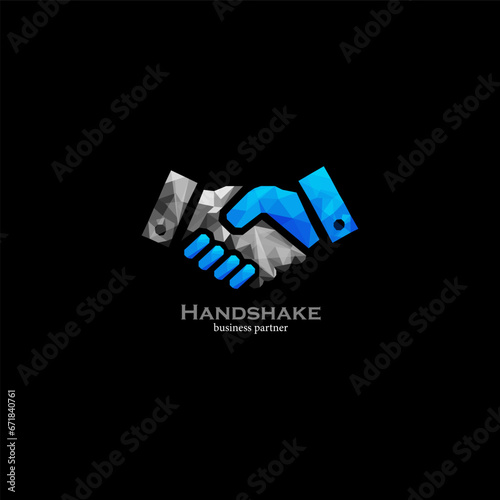 handshake icon. Cooperation. handshake. The partners agreed on the project. Blue-gray polygonal illustration on a black background. 