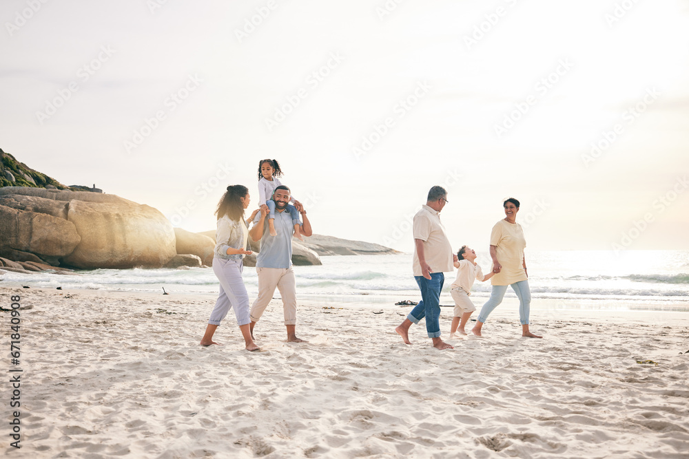 Holding hands, walking and big family at a beach for travel, vacation and fun in nature together. Freedom, parents and children relax with grandparents at the sea at sunset, trip or ocean holiday Holding hands, walking and big family at a beach for travel, vacation and fun in nature together. Freedom, parents and children relax with grandparents at the sea at sunset, trip or ocean holiday