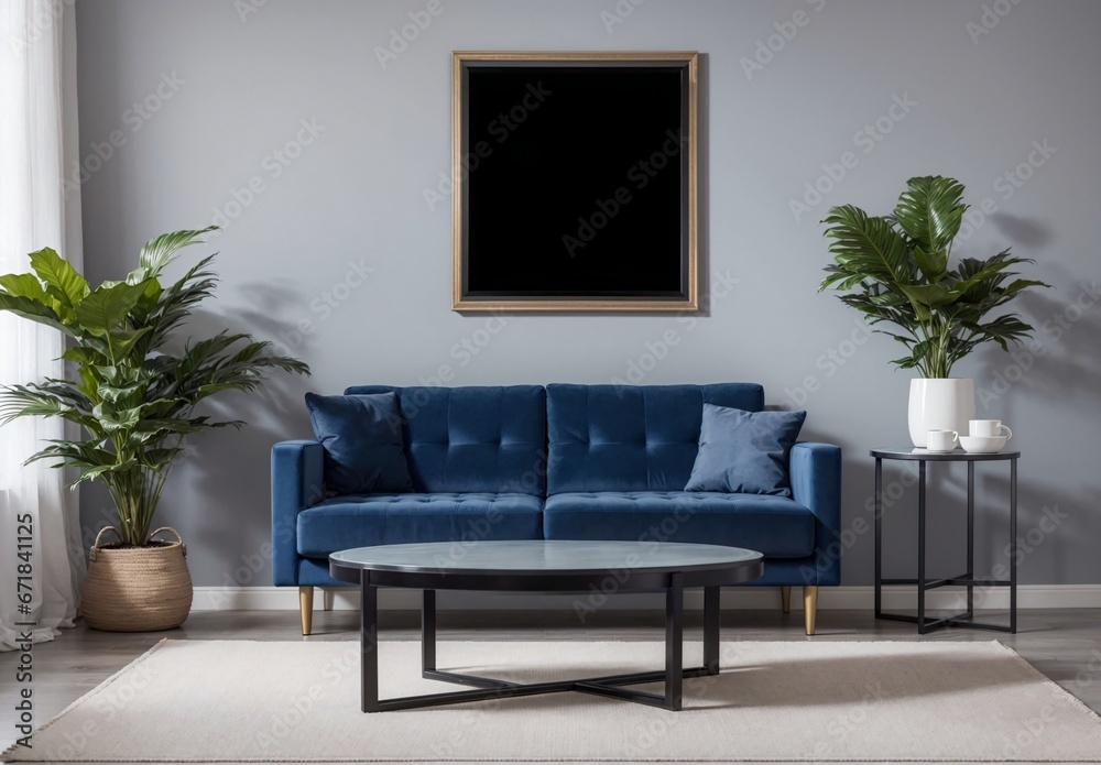 Light blue living room with a blue sofa and a black coffee table, and black frame Light blue living room with a blue sofa and a black coffee table, and black frame