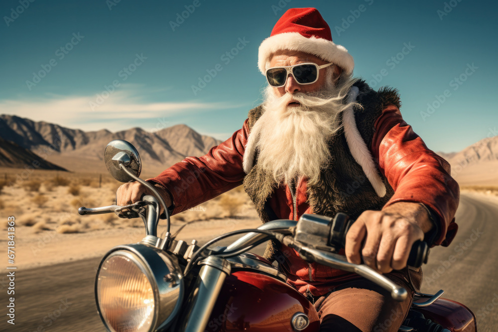 Biker Santa with tattoos, a leather jacket on a desert highway