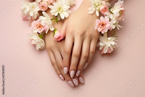 Delicate and soft female hands with a beautiful light manicure on short nails, lies on a light pink background, surrounded by some autumn aster flowers