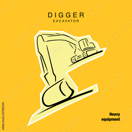 Drawing of an excavator in perspective. An example of a layout for advertising heavy equipment