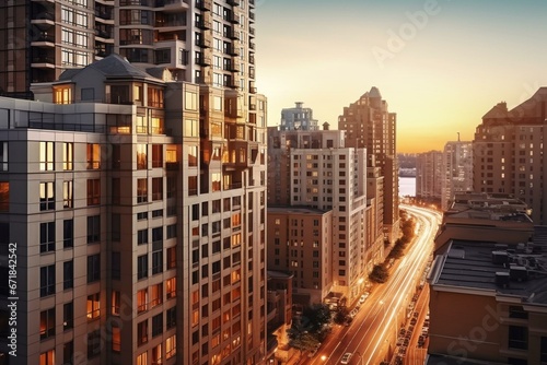 Beautiful cityscape featuring contemporary apartment buildings. Generative AI