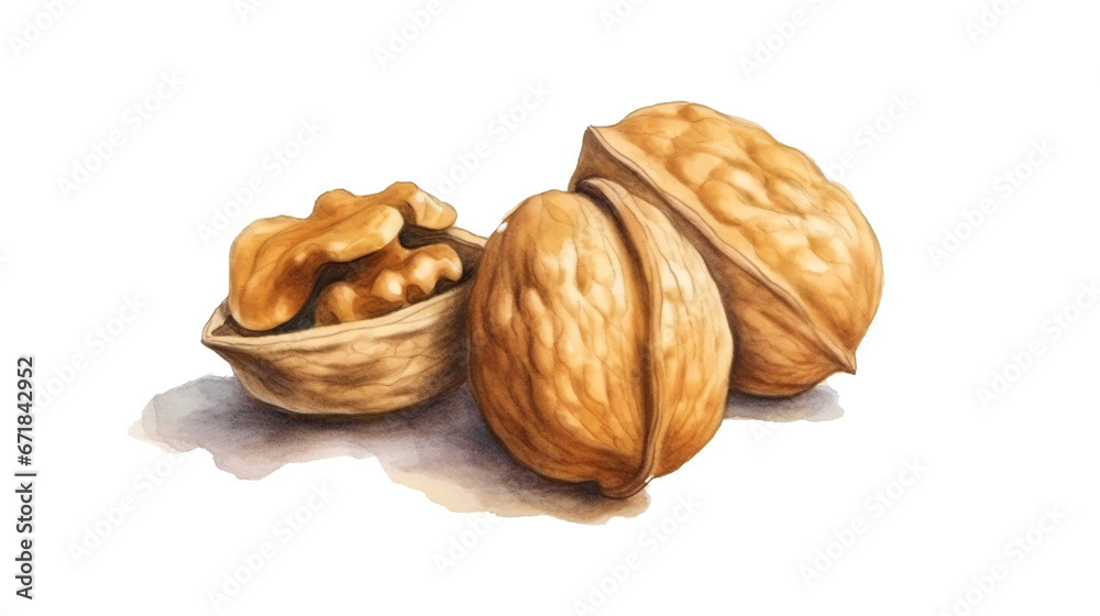 walnuts and walnutshells isolated against transparent background in watercolor painting style walnuts and walnutshells isolated against transparent background in watercolor painting style