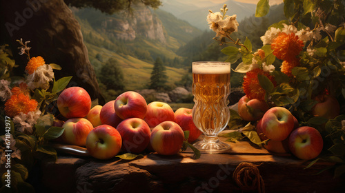 Apple cider and fresh apple harvest on wooden table in garden against backdrop of mountains. photo