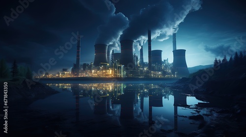 Nuclear power plant at night. Landscape view of nuclear power plant. 