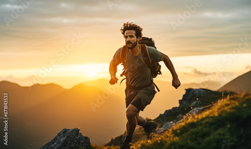 Morning Leap: Young Man Jumps on Mountain Top at Dawn
