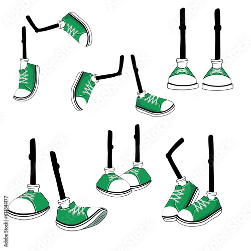 Set of different legs posed in cartoon style. Vector illustration of feet in socks, green sneakers with poses: running, jumping, leisurely walking, with raised legs, standing on white background.