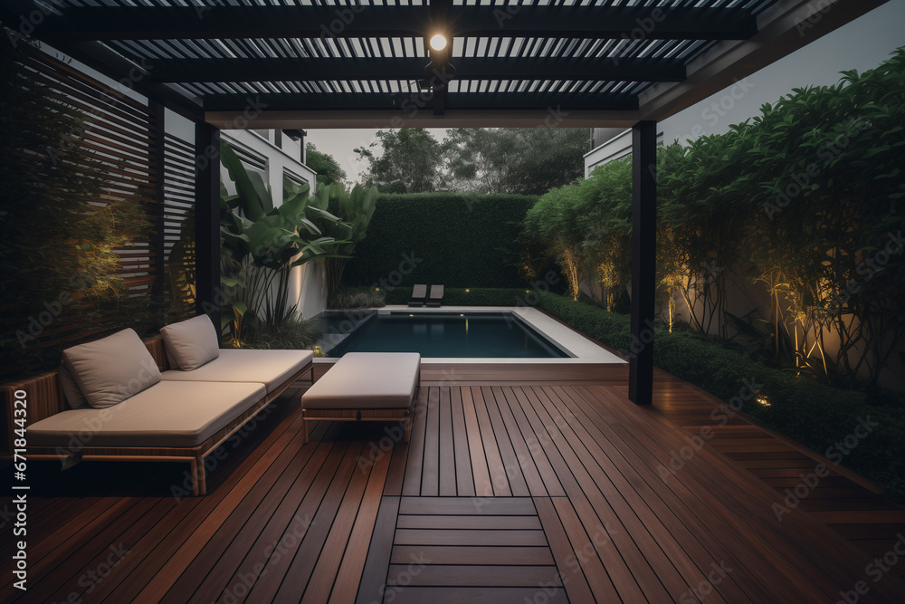 modern garden at morning with chairs and couches by the pool created with Generative AI modern garden at morning with chairs and couches by the pool created with Generative AI