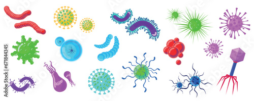 Set of colorful viruses, germs, bacteria and bacilli in cartoon style. Vector illustration of different types of viruses, bacteria, bacilli, germs that cause diseases on background. Microorganisms.