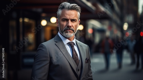 A portrait featuring seasoned male professional in roles, entrepreneurs, bankers, and salespeople, captured on a city street. This paints a vivid picture of accomplished individuals in various profess