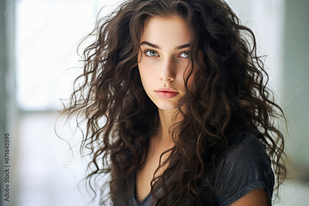 Modern woman with pure skin and curly black hair. Modern woman with pure skin and curly black hair.
