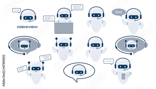 Set of Digital chat bot, robot assistant for customer support. Concept of virtual conversation assistant for getting help. Vector illustration isolated on white background. photo