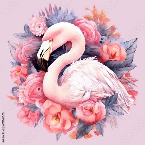 pink flamingos surrounded by flowers, generative ai © Hammad