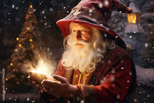 Santa the magician, with a snowy forest in the backdrop and mystical sparks around, hinting at the magic of the season
