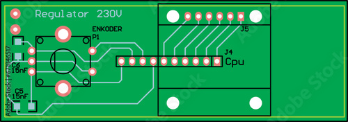 Vector printed circuit board of an electronic 
device with components of radio elements, 
conductors and contact pads placed on it. 
Engineering technical drawing. Electric background. Pcb pattern. 