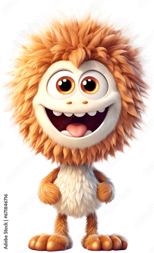 Funny shaggy furry cheerful monster with big eyes and smiling mouth with big white teeth, isolated on transparent background. Children's cartoon character or cute soft toy. Generative AI