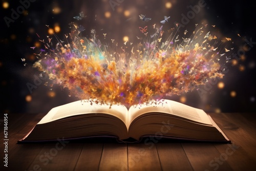 open book with glowing lights, colourful meanings going out from book