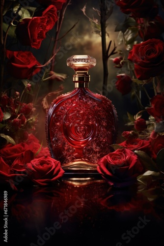 red bottle of perfume with red roses around