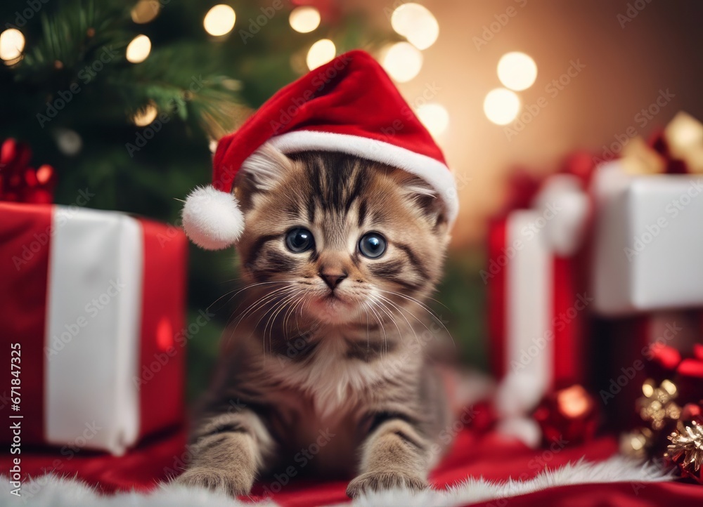 A kitten in a Santa Claus hat and a bow on his neck sits under the New Year's tree among New Year's gifts