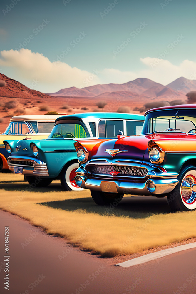 beautiful retro cars stand in a row in the parking lot, generated by Ai