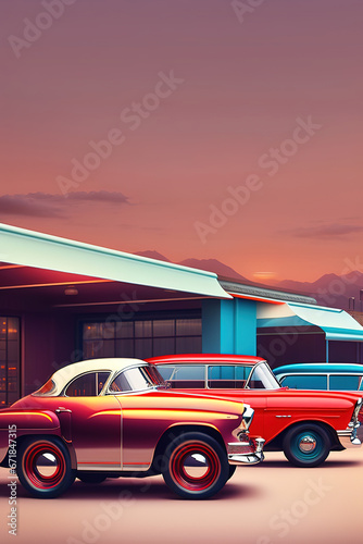 beautiful retro cars stand in a row in the parking lot, generated by Ai