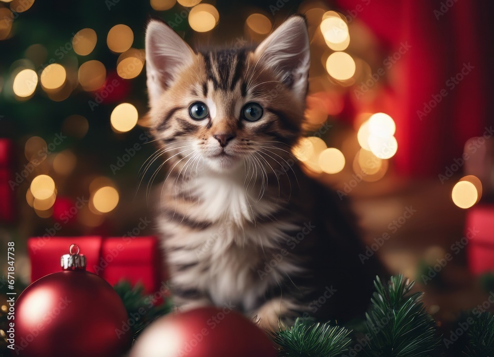 A kitten in a Santa Claus hat and a bow on his neck sits under the New Year's tree among New Year's gifts A kitten in a Santa Claus hat and a bow on his neck sits under the New Year's tree among New Year's gifts